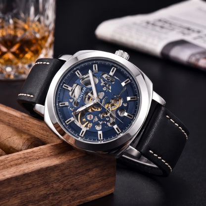 Exposed Gear Watch with silver case and blue skeleton dial