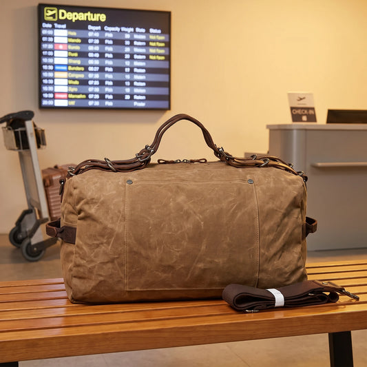 Waxed canvas military duffel bag in khaki