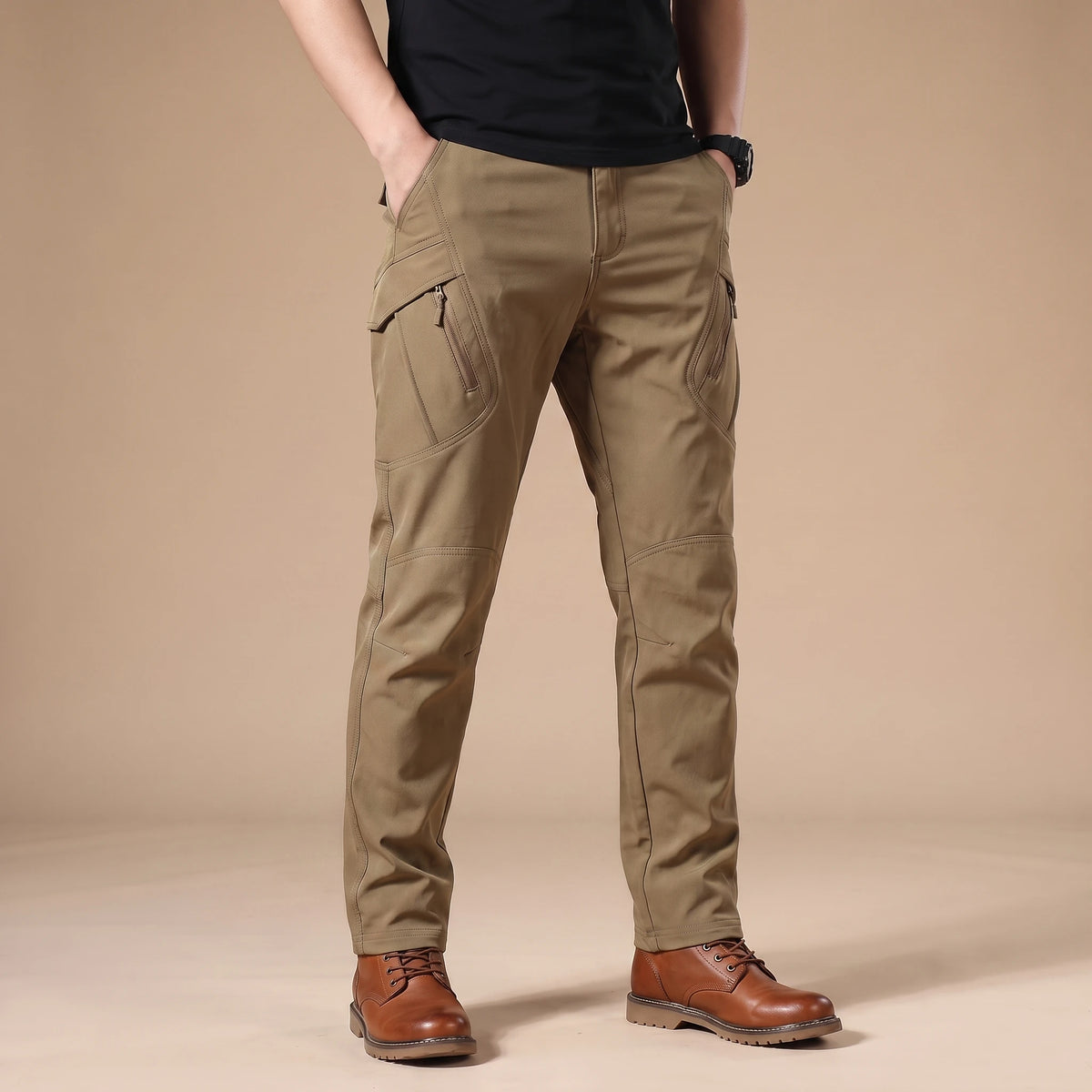 Stretch cargo trousers in brown, worn front view in a warm studio