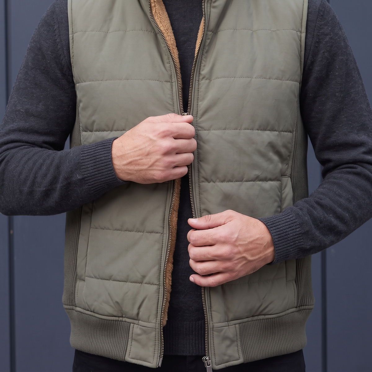 RIBBED SIDE VEST worn zipping up