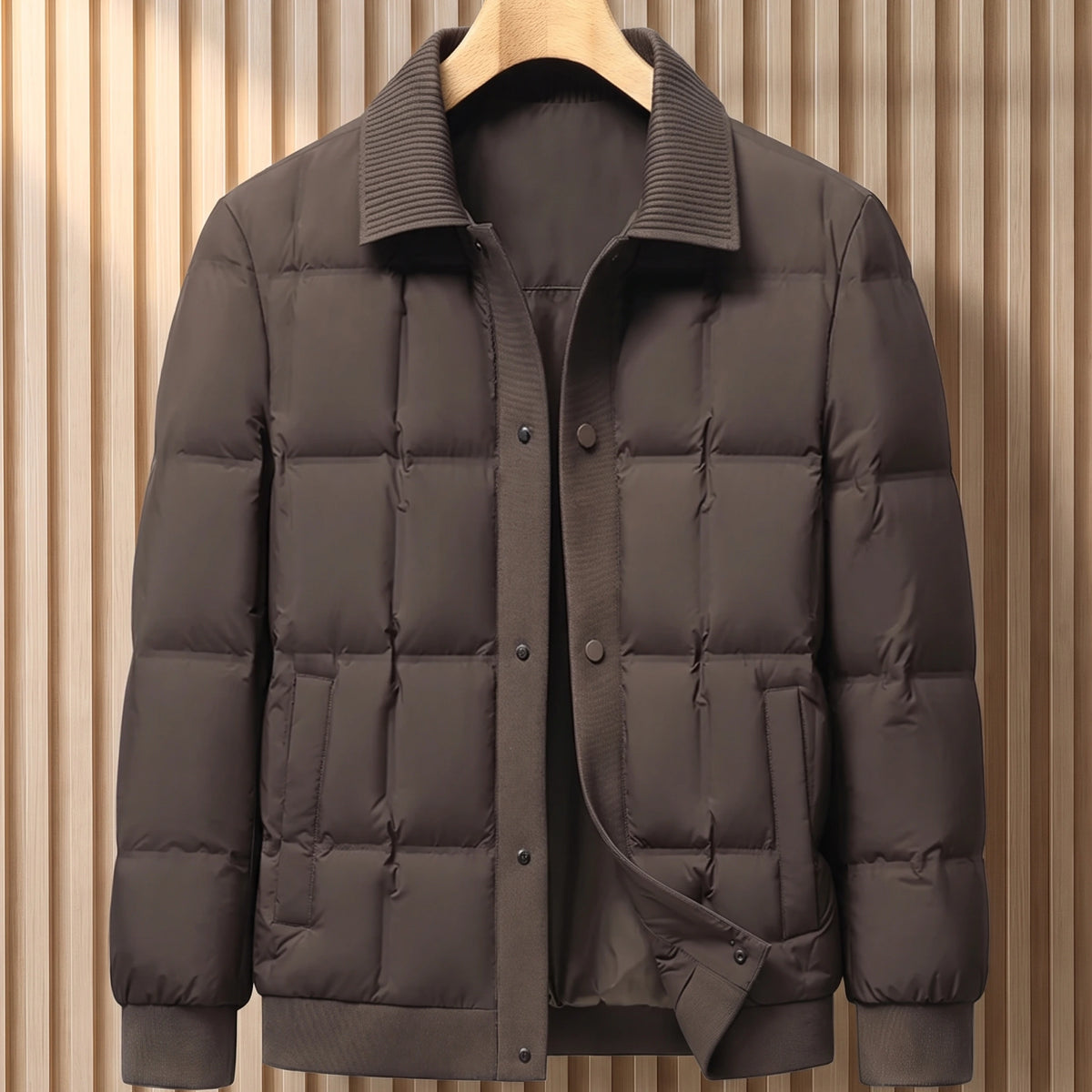 Coffee brown box quilted down jacket with ribbed knit collar on a wooden hanger, front view