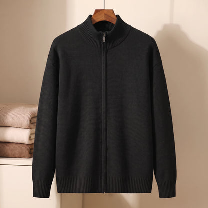 Black full-zip stand-collar knit sweater on hanger
