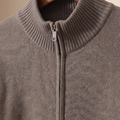 Knit sweater stand collar and zipper detail