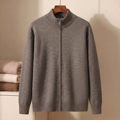 Dark grey full-zip stand-collar knit sweater on hanger