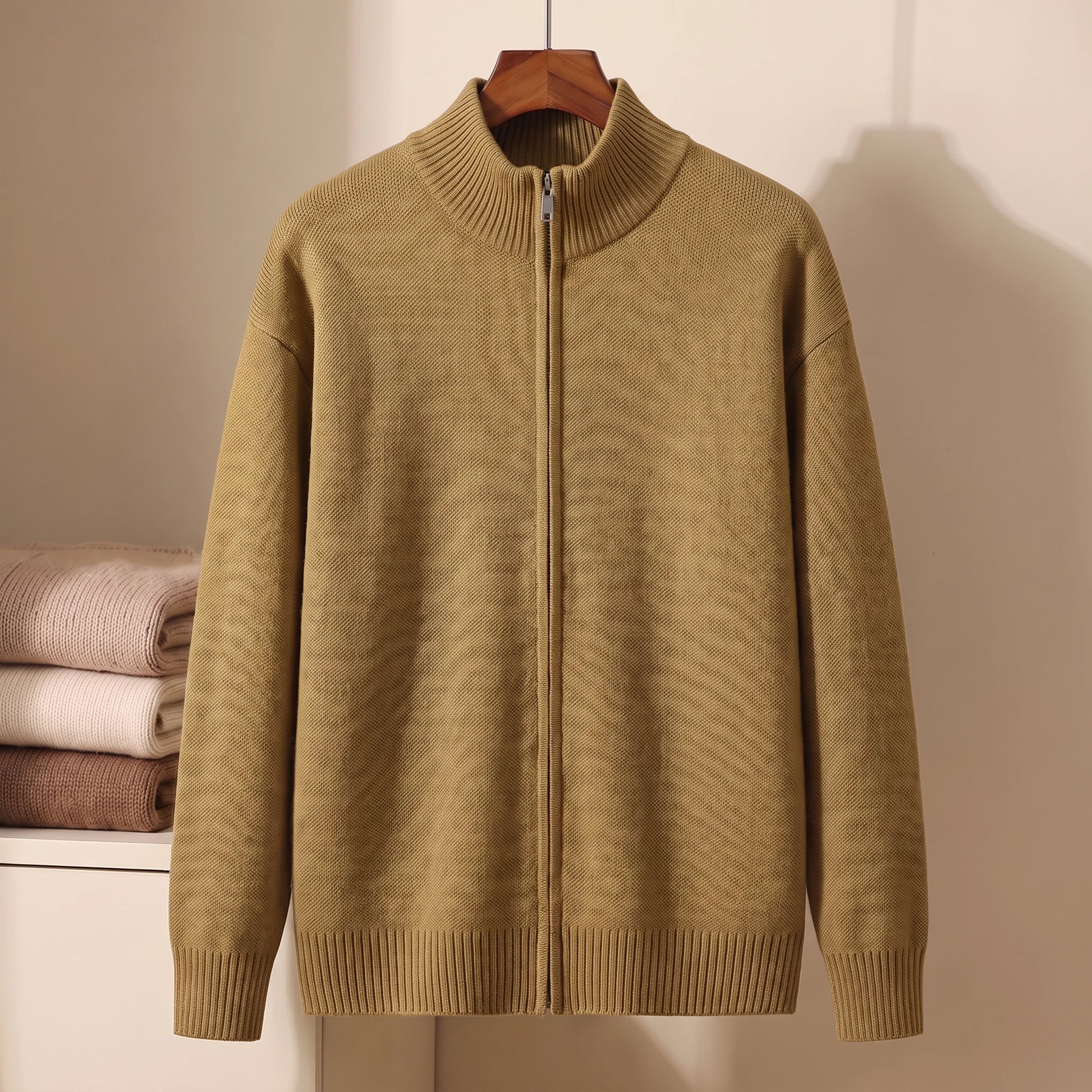 Yellow full-zip stand-collar knit sweater on hanger