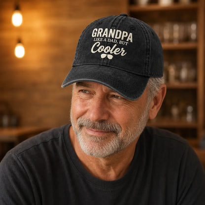 Grandfather wearing black Grandpa Like a Dad But Cooler embroidered cap