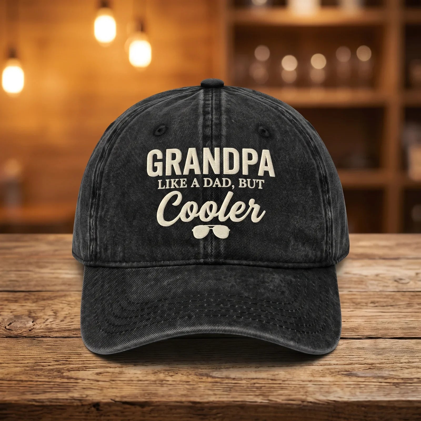 Black washed cotton cap embroidered with Grandpa Like a Dad But Cooler