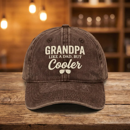 Brown washed cotton cap embroidered with Grandpa Like a Dad But Cooler
