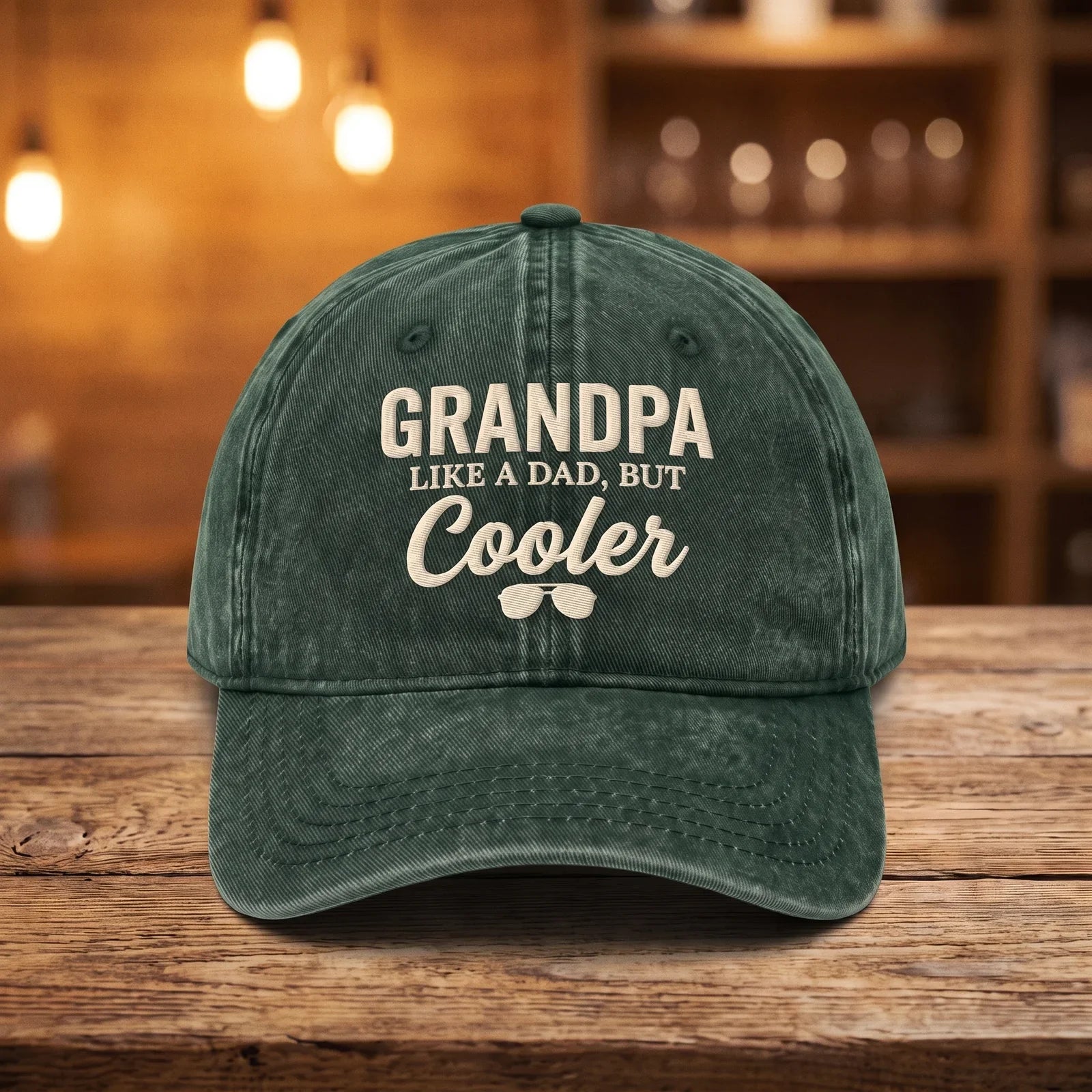 Green washed cotton cap embroidered with Grandpa Like a Dad But Cooler