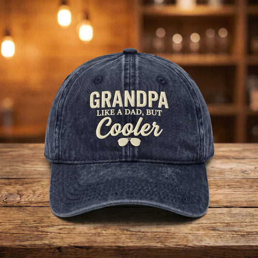 Navy washed cotton cap embroidered with Grandpa Like a Dad But Cooler