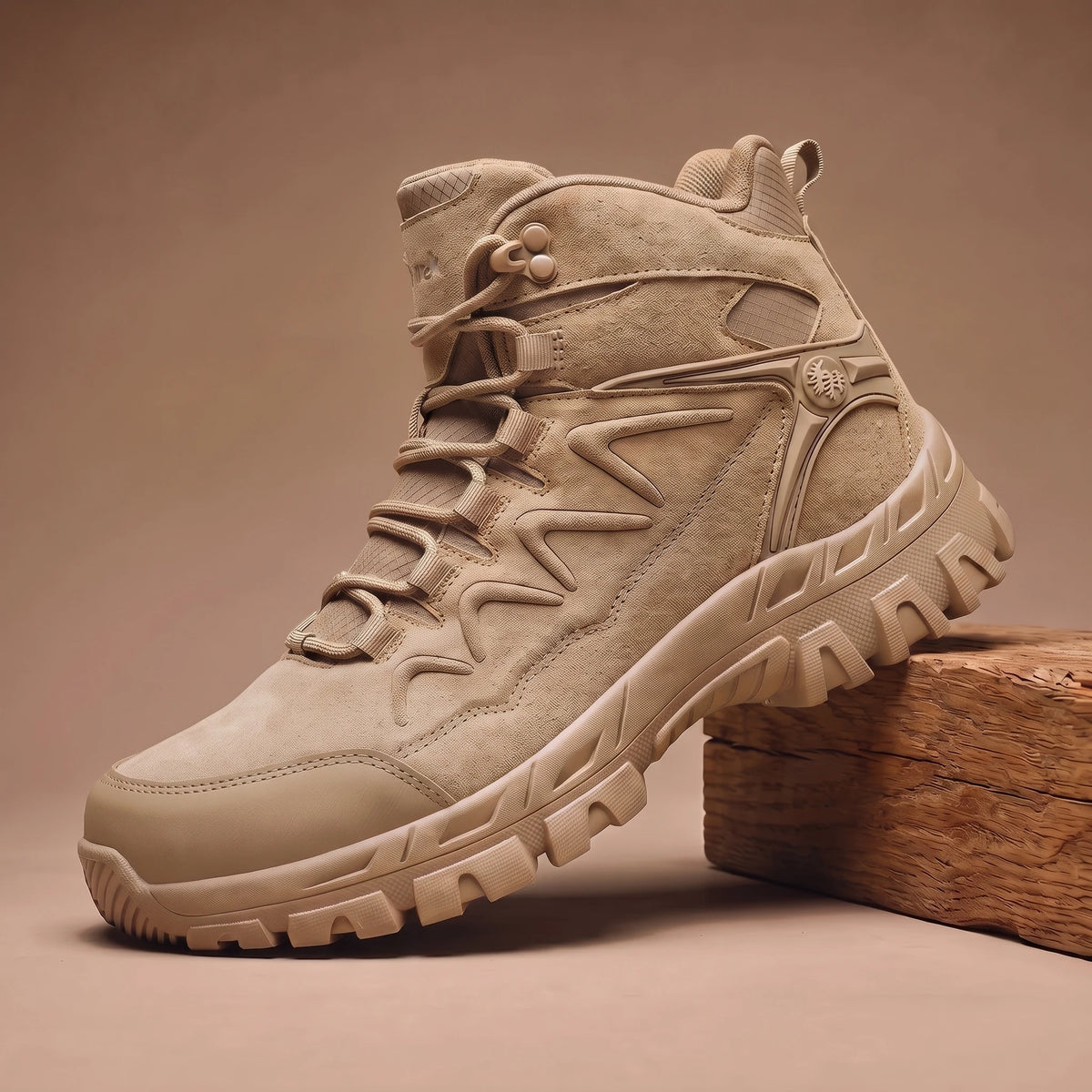 Tan high-top hiking trekking shoe