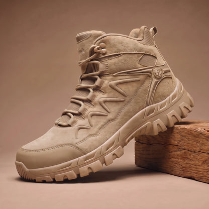 Tan high-top hiking trekking shoe