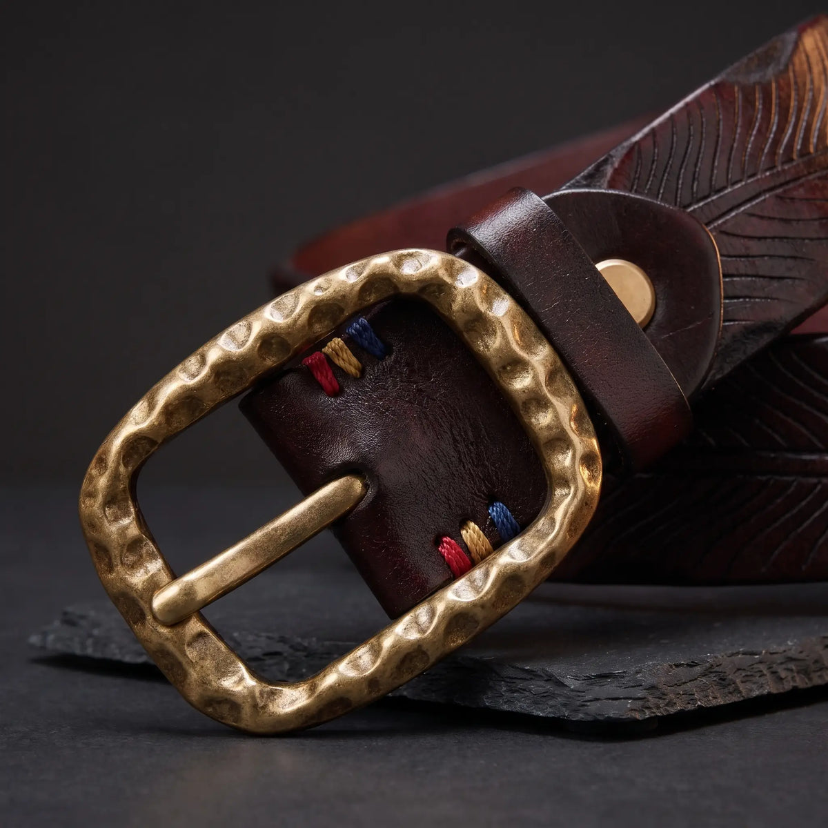 Hammered brass belt buckle and keeper loop detail