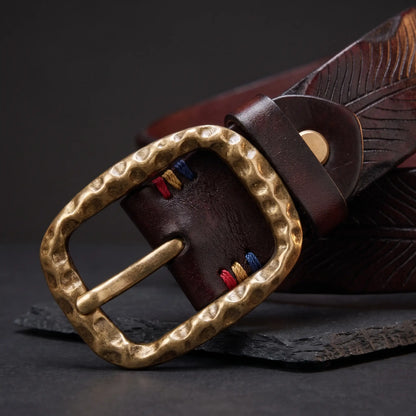 Hammered brass belt buckle and keeper loop detail