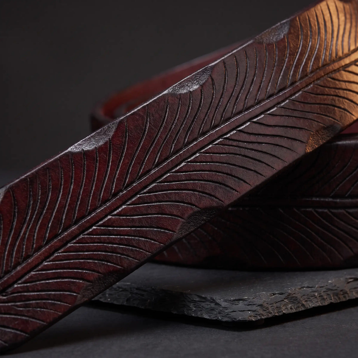 Hammered brass belt carved strap detail