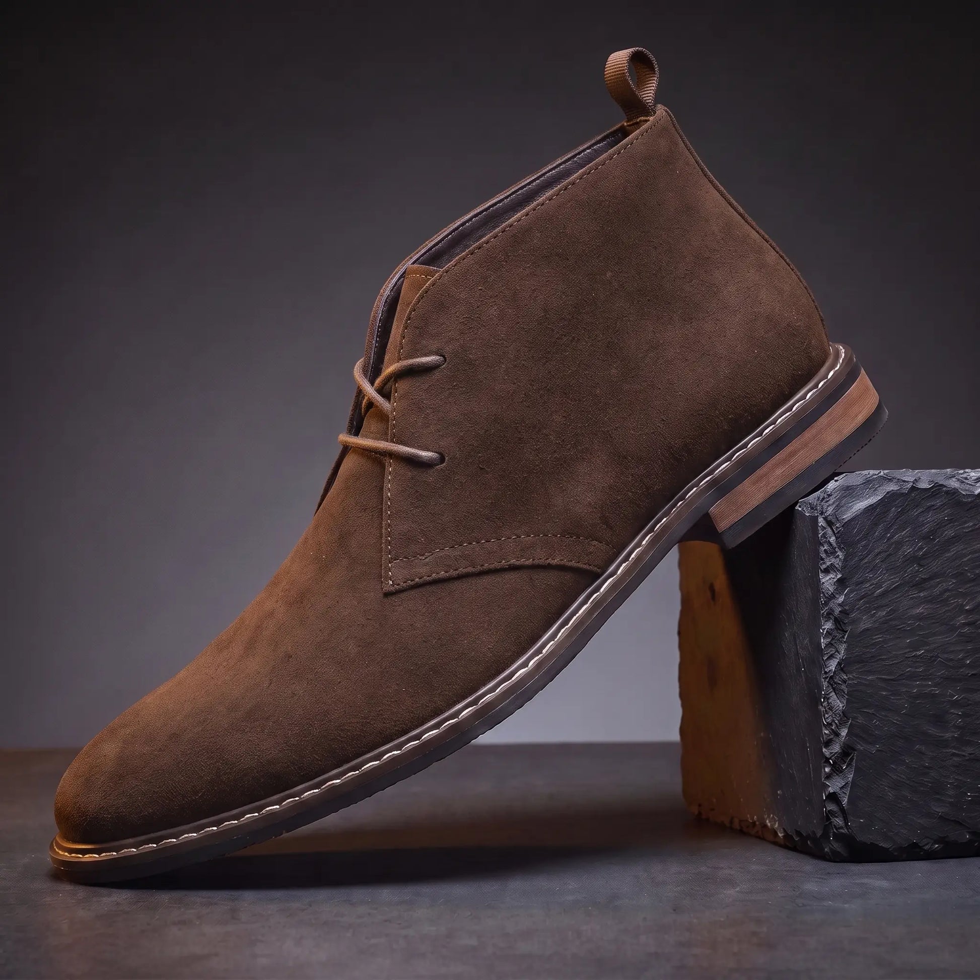 Heel Loop Boots in chocolate brown, a lace-up chukka desert boot with a rear pull loop