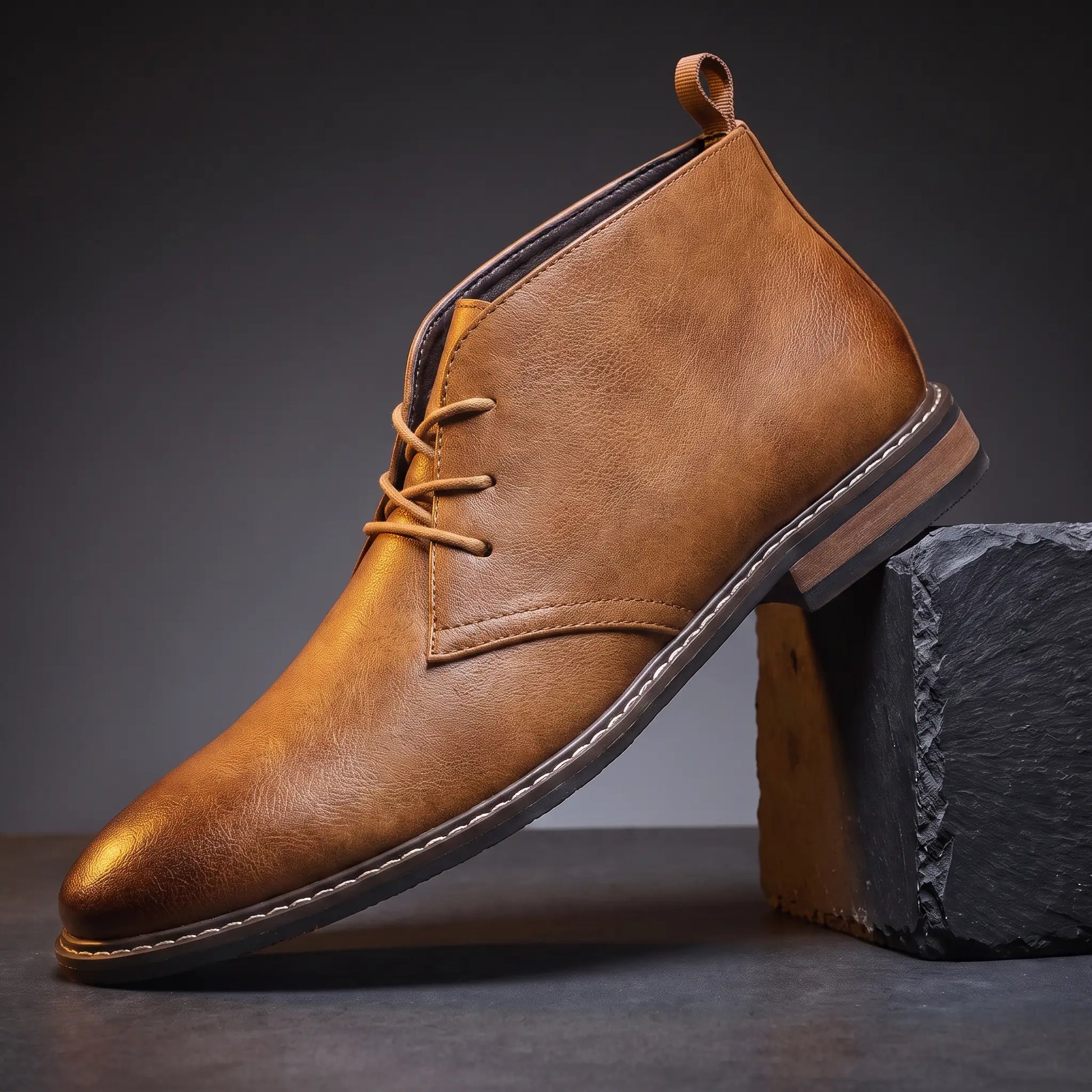 Heel Loop Boots in cognac tan, a lace-up chukka desert boot with a rear pull loop