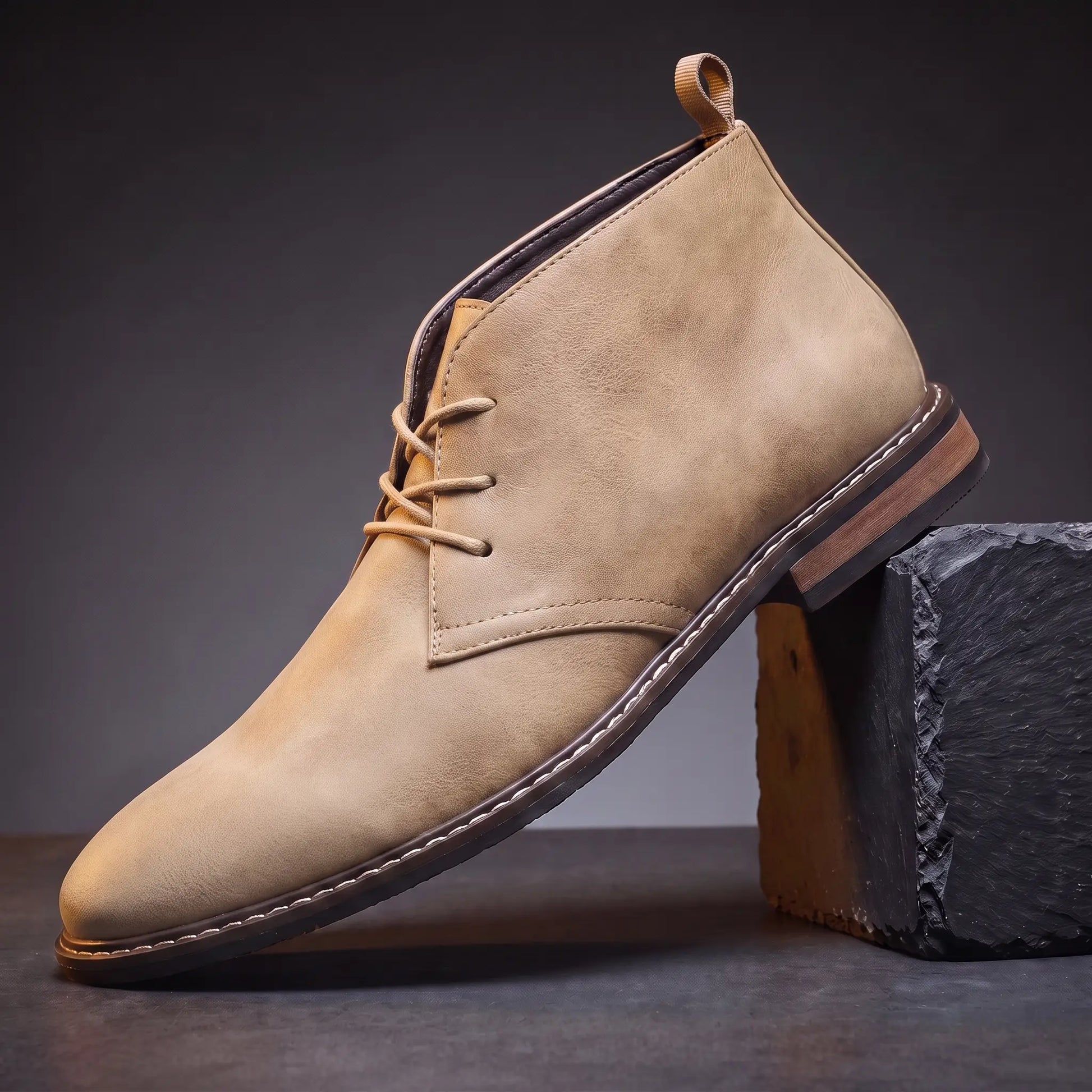 Heel Loop Boots in sand, a lace-up chukka desert boot with a rear pull loop
