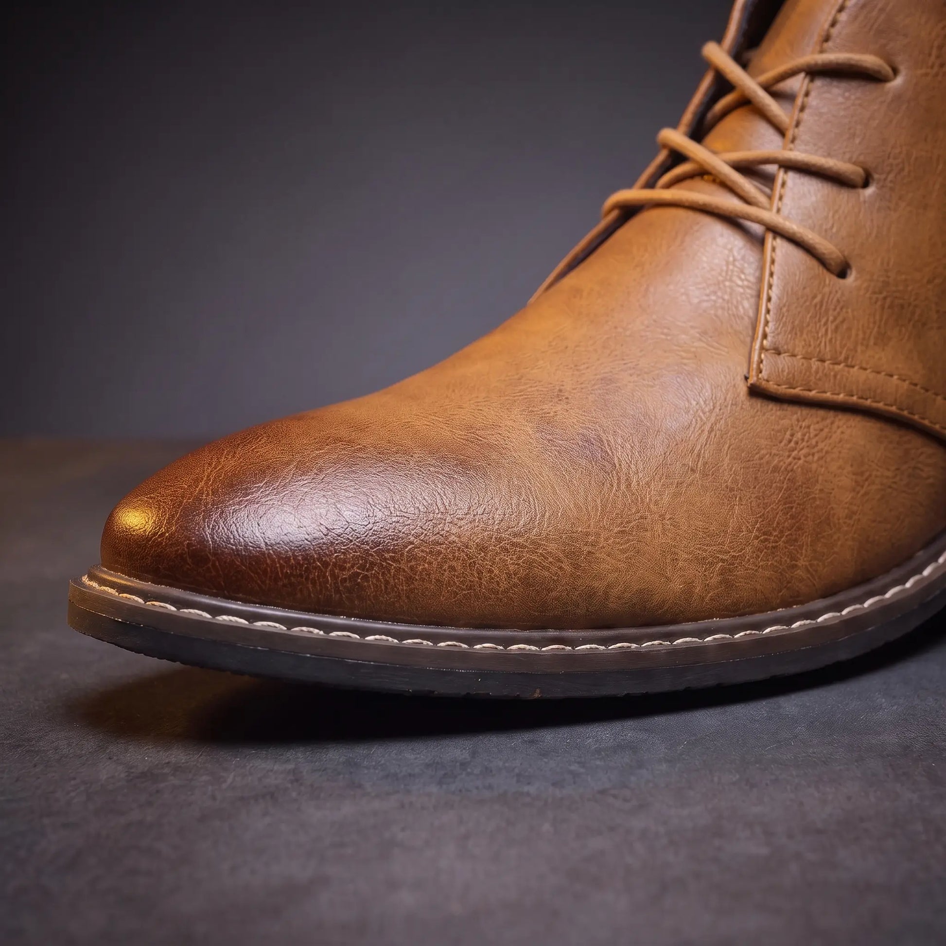 Close up of the plain rounded toe, stitched welt and flat sole on the Heel Loop Boots
