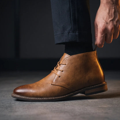 Man pulling on the Heel Loop Boots by the rear heel loop
