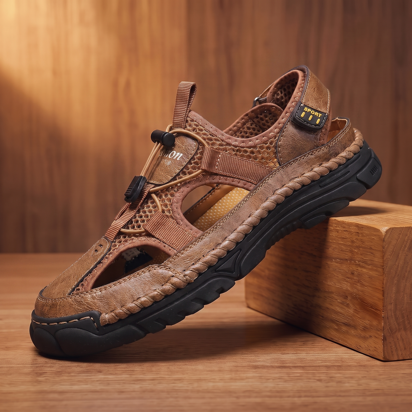 Rugged Trail Sandals in brown - breathable mesh men's closed-toe sandal with adjustable strap and black grippy sole