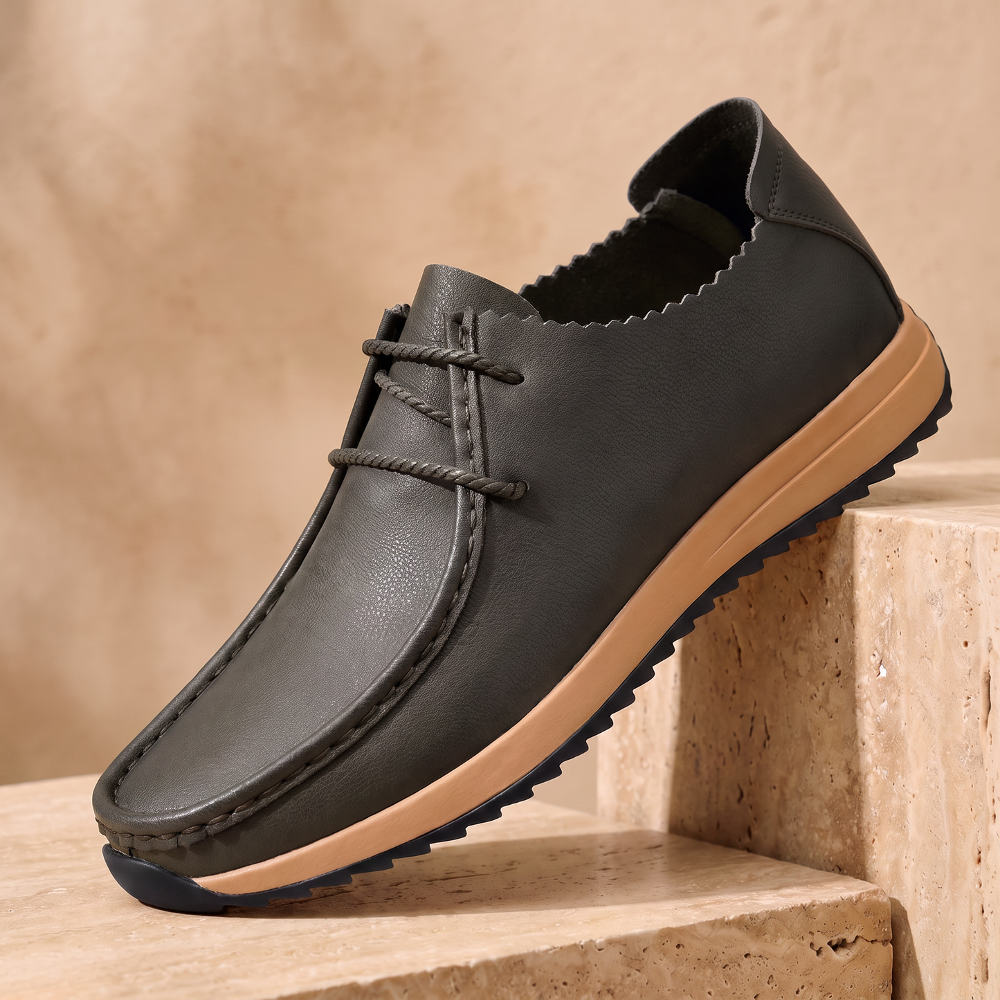 Cushioned Leather Loafers in green - men's slip-on driving loafer with moccasin stitching and tan gum sole