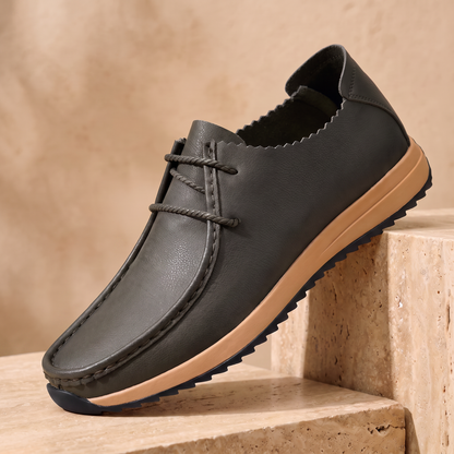 Cushioned Leather Loafers in green - men's slip-on driving loafer with moccasin stitching and tan gum sole