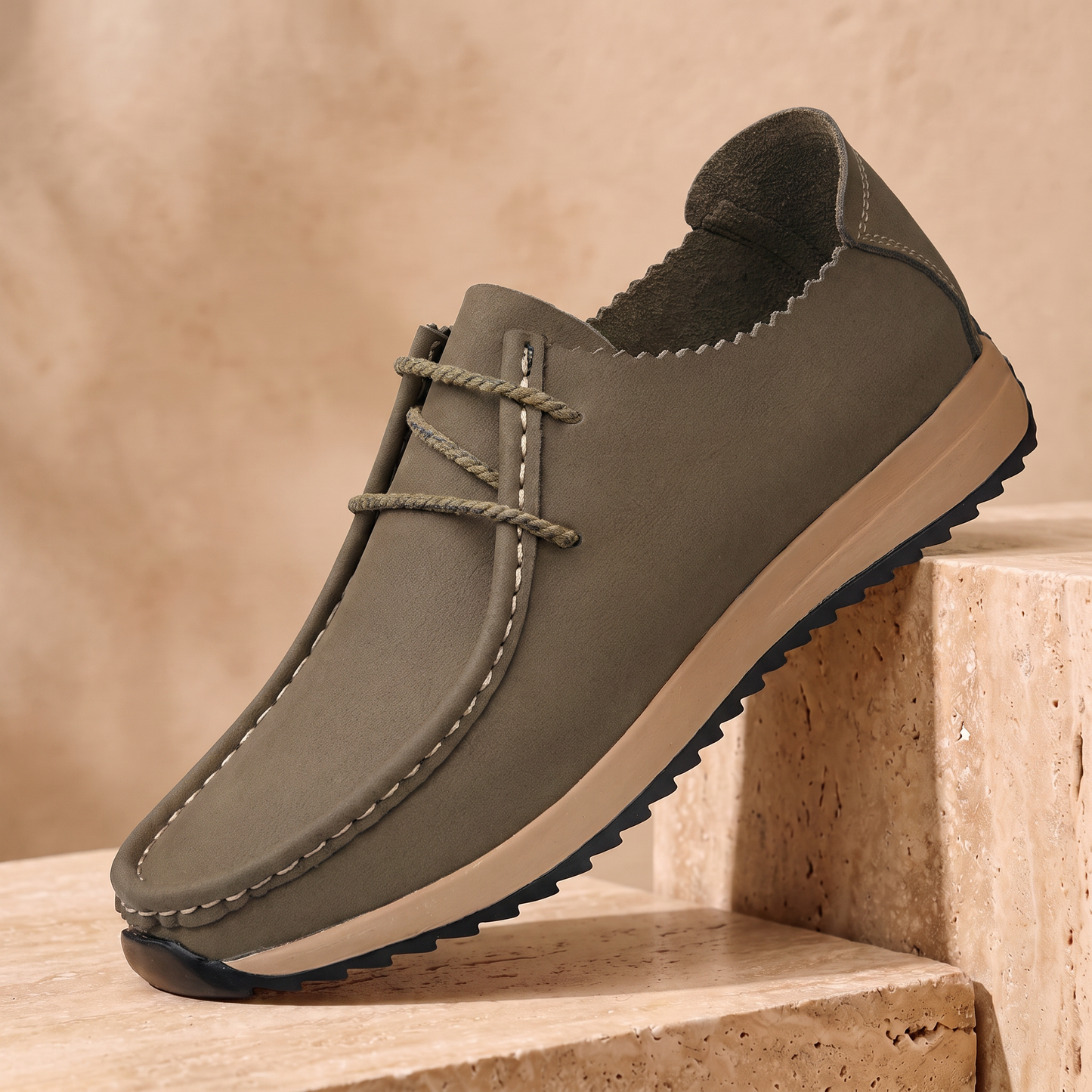 Cushioned Leather Loafers in khaki - men's slip-on driving loafer with moccasin stitching and tan gum sole