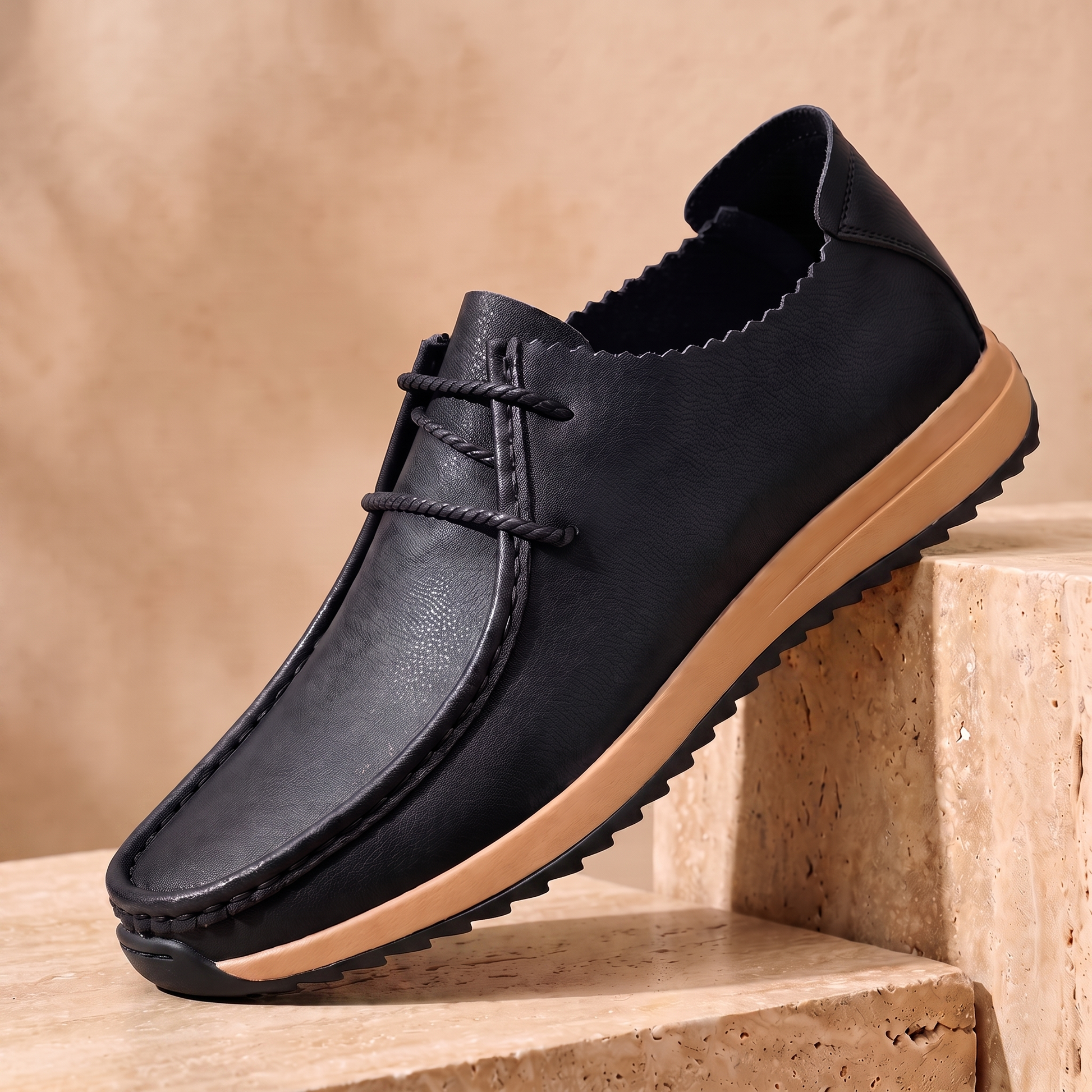 Cushioned Leather Loafers in black - men's slip-on driving loafer with moccasin stitching and tan gum sole