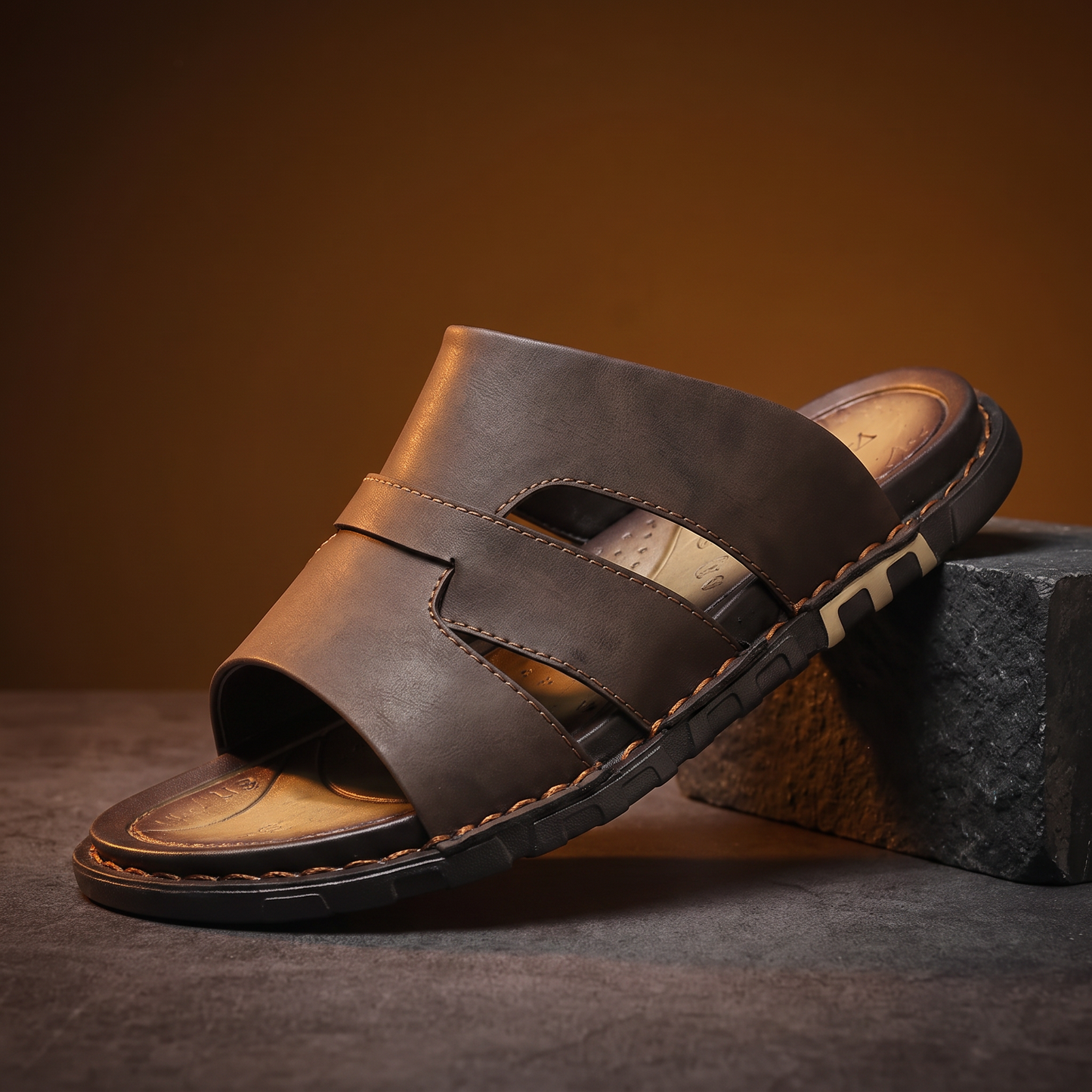 Woven Leather Slides in brown - men's backless leather slide with woven cross-strap, cushioned tan footbed and chunky sole