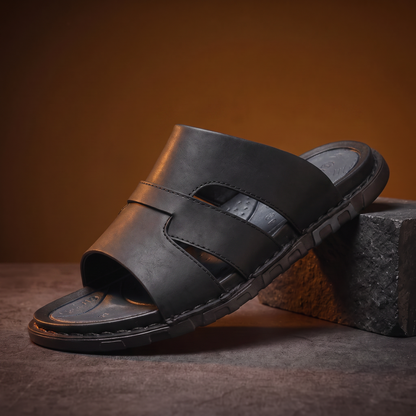 Woven Leather Slides in black - men's backless leather slide with woven cross-strap, cushioned footbed and chunky sole