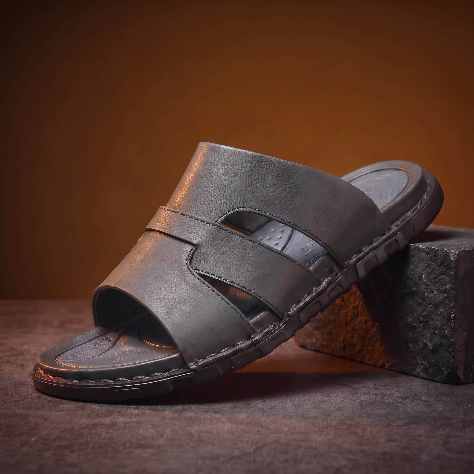 Woven Leather Slides in grey - men's backless leather slide with woven cross-strap, cushioned footbed and chunky sole