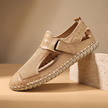 Woven Mesh Sandals in khaki - men's breathable mesh slip-on shoe with velcro cross-strap and whipstitched cream sole