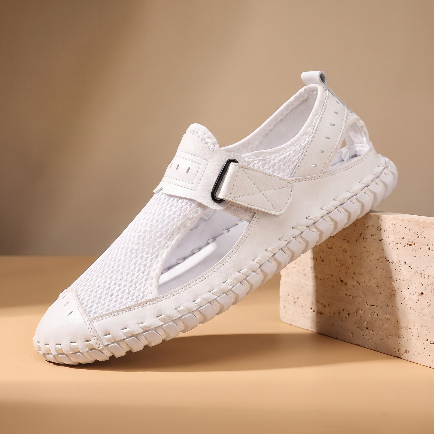 Woven Mesh Sandals in white - men's breathable mesh slip-on shoe with velcro cross-strap and white rubber sole
