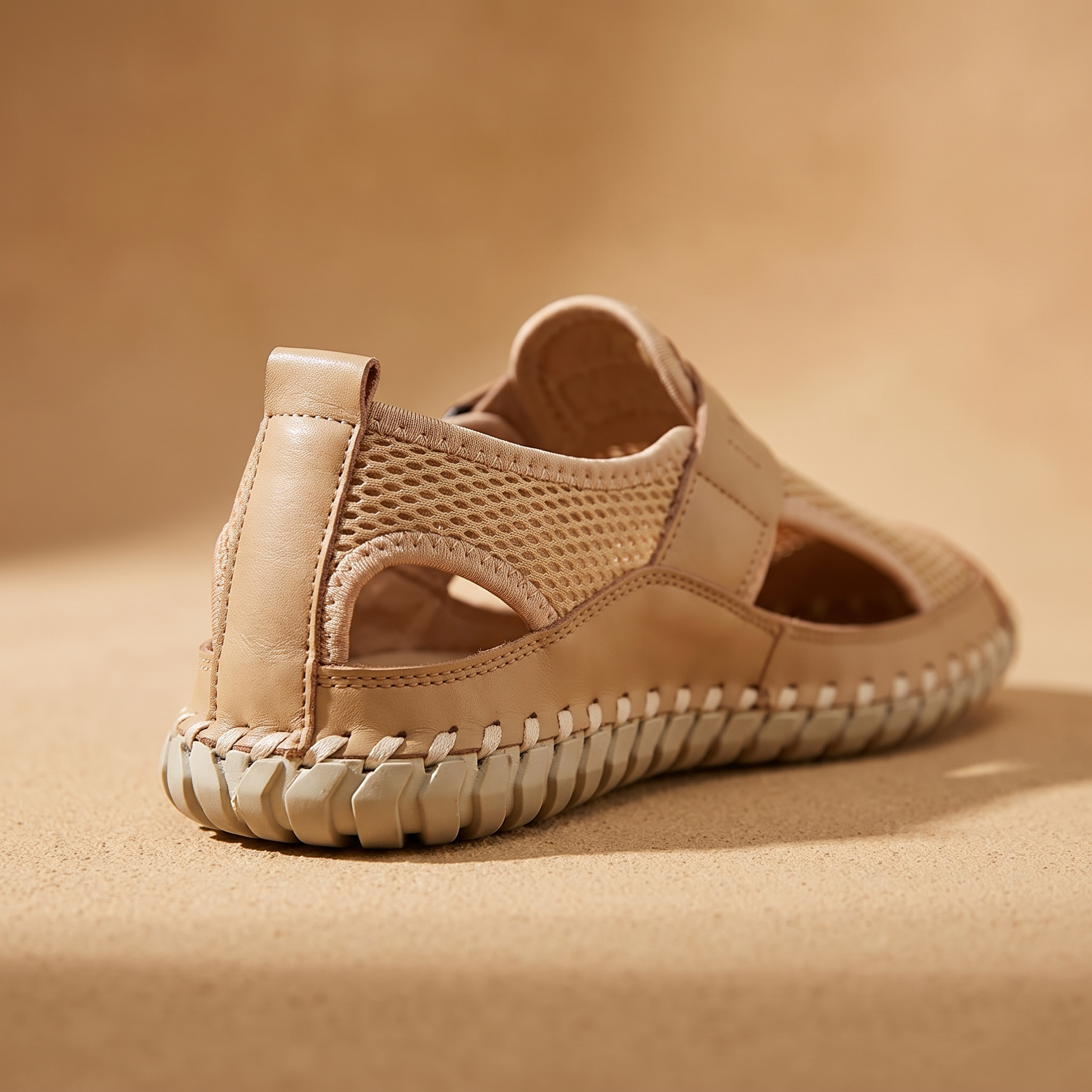 Woven Mesh Sandals detail - close-up of the heel and whipstitched cream rubber sole edge