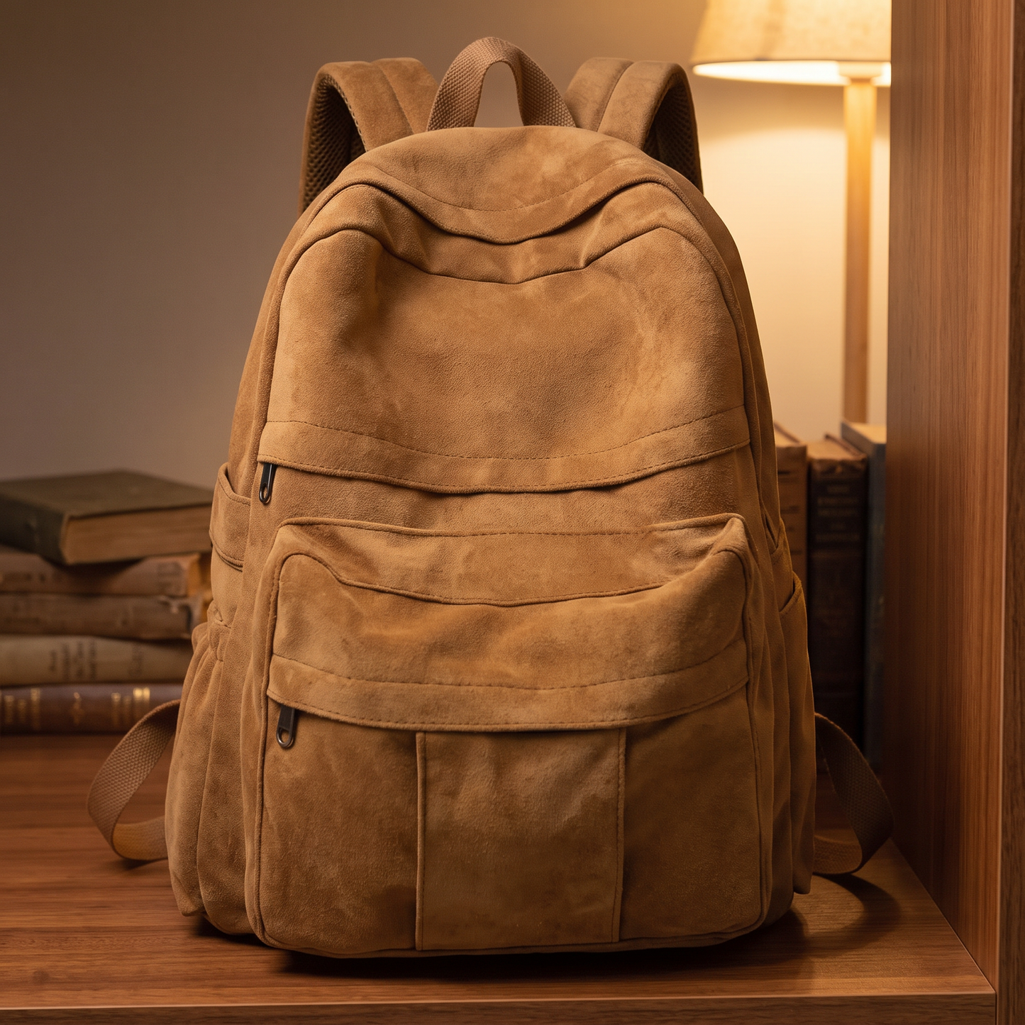 Retro Campus Backpack in camel - vintage suede-look school backpack with multiple pockets, standing on a study shelf