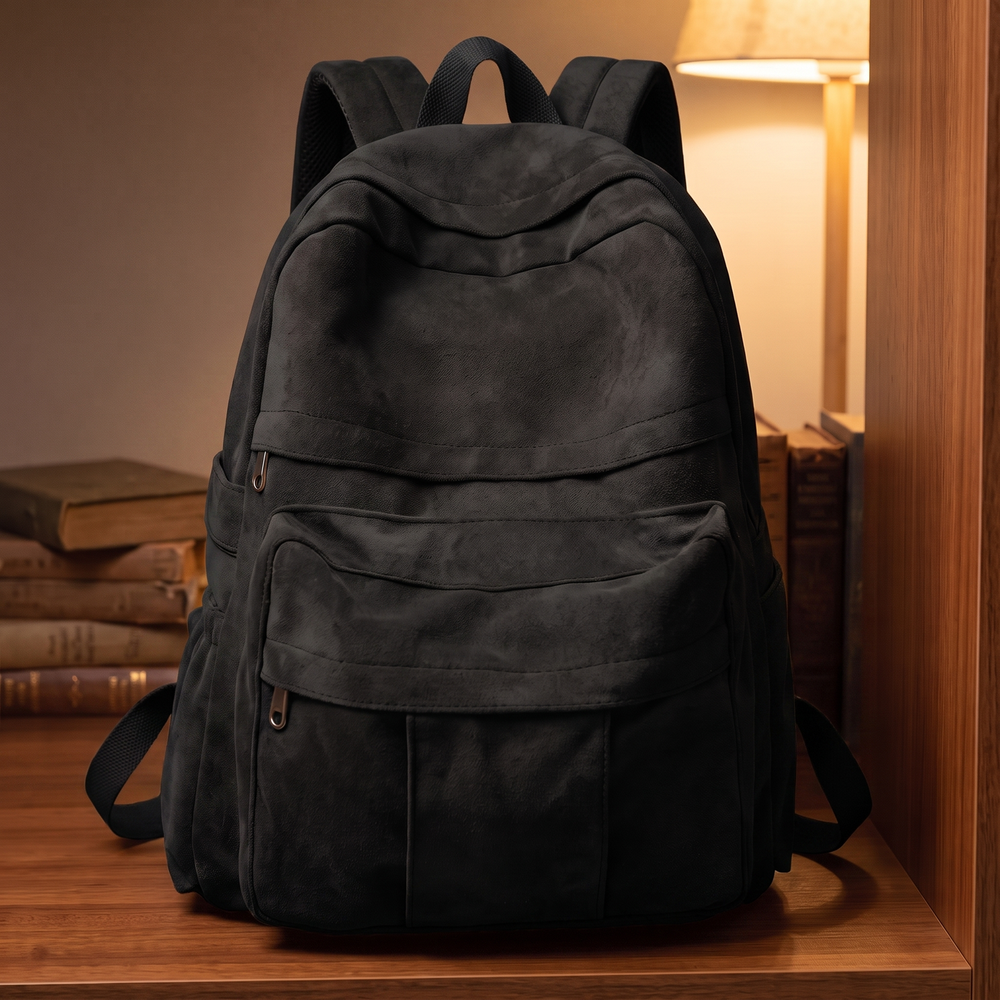 Retro Campus Backpack in black - vintage suede-look school backpack with multiple pockets