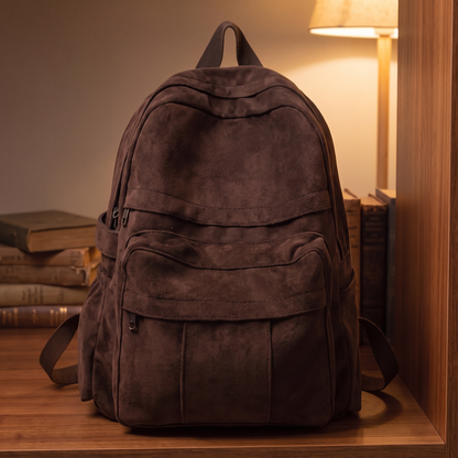Retro Campus Backpack in brown - vintage suede-look school backpack with multiple pockets