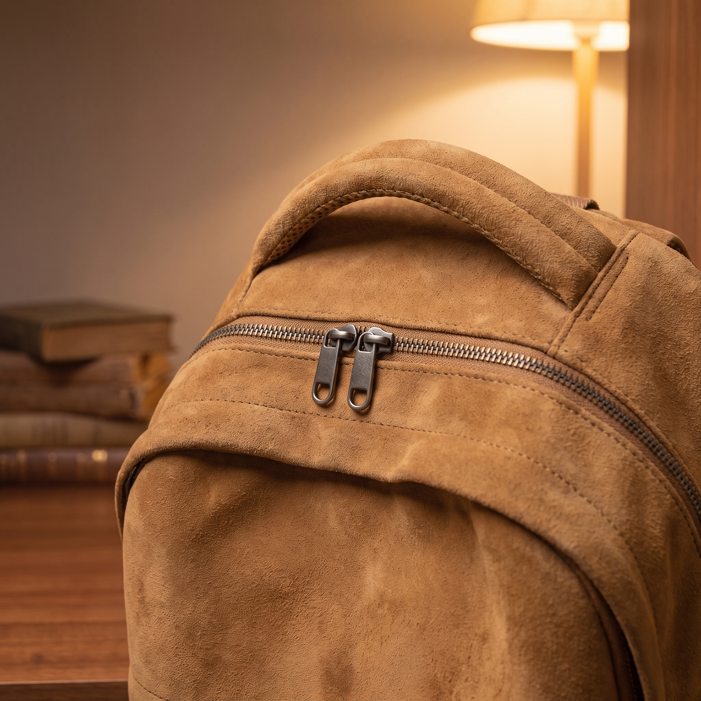 Retro Campus Backpack detail - close-up of the top grab handle and upper zip pocket