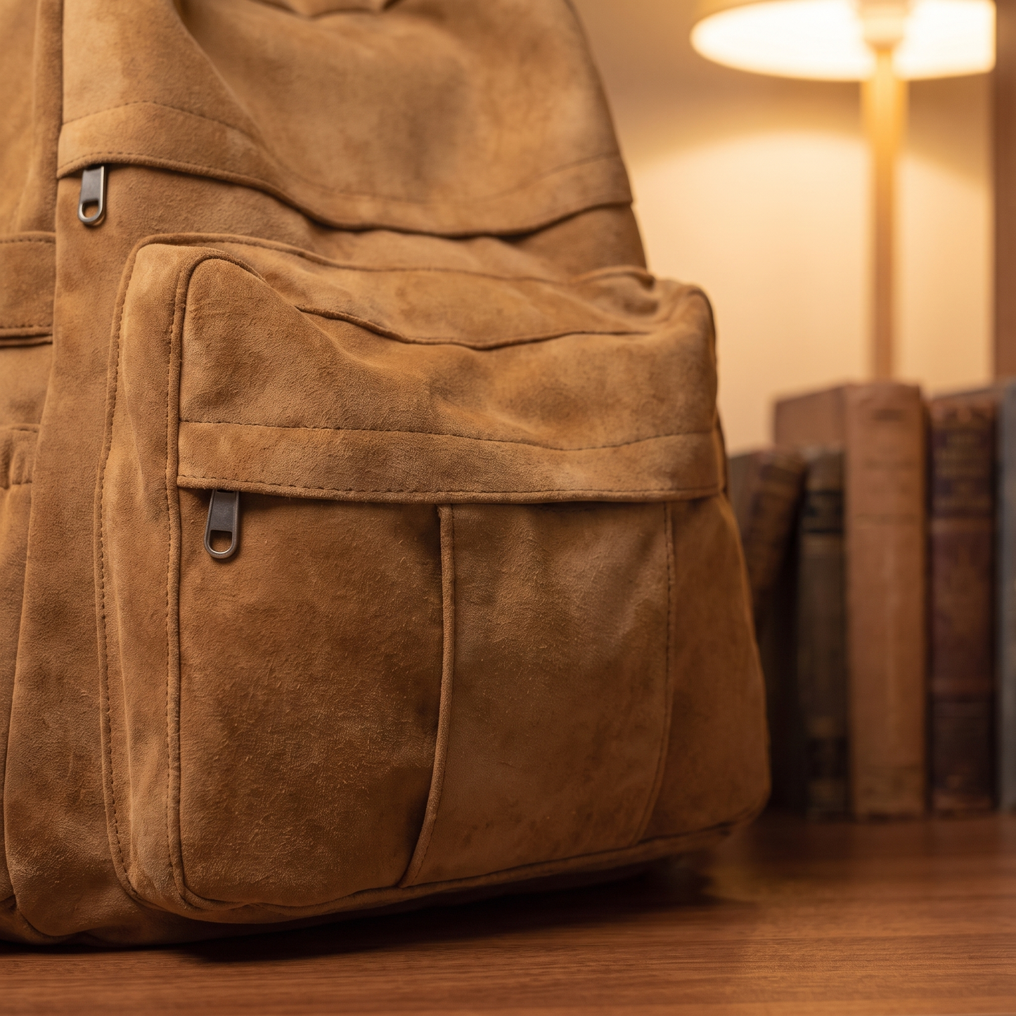 Retro Campus Backpack detail - close-up of the front flap pocket and zipper