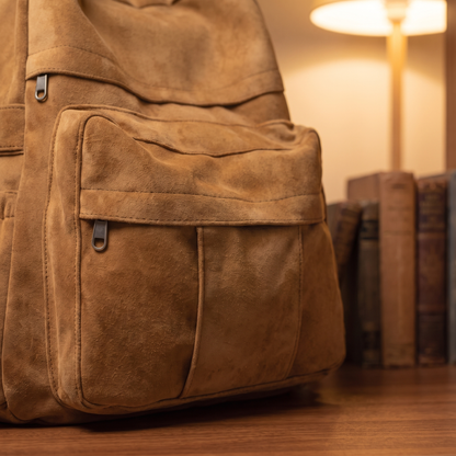 Retro Campus Backpack detail - close-up of the front flap pocket and zipper