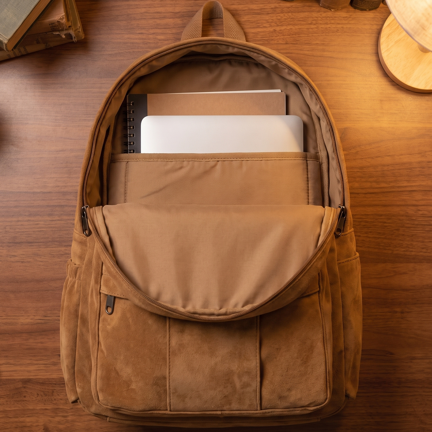 Retro Campus Backpack interior - bag laid flat and open showing the padded laptop sleeve and main compartment