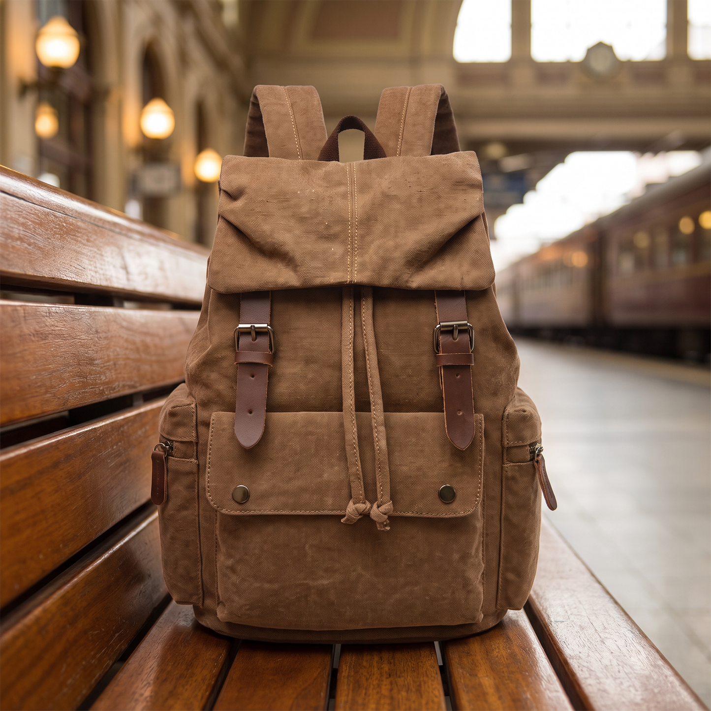 Explorer Canvas Backpack in coffee - vintage waxed-canvas laptop backpack with leather buckle straps, on a station bench