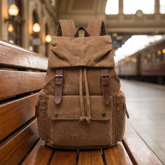 Explorer Canvas Backpack in coffee - vintage waxed-canvas laptop backpack with leather buckle straps, on a station bench