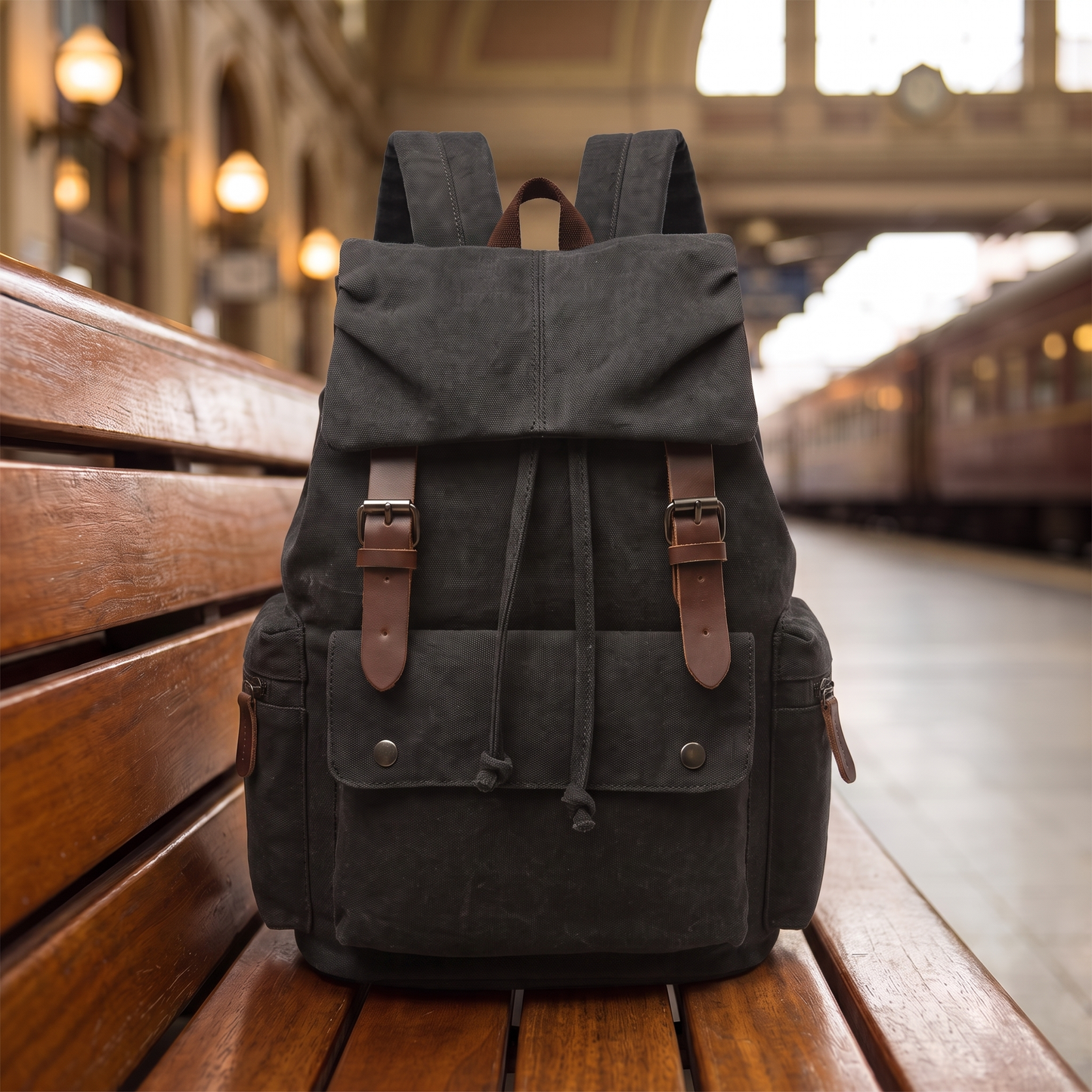 Explorer Canvas Backpack in black - vintage waxed-canvas laptop backpack with leather buckle straps