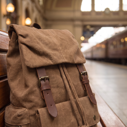 Explorer Canvas Backpack detail - close-up of the top flap, leather straps and brass buckles