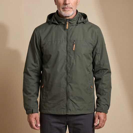 All Weather Jacket army green hooded windbreaker worn