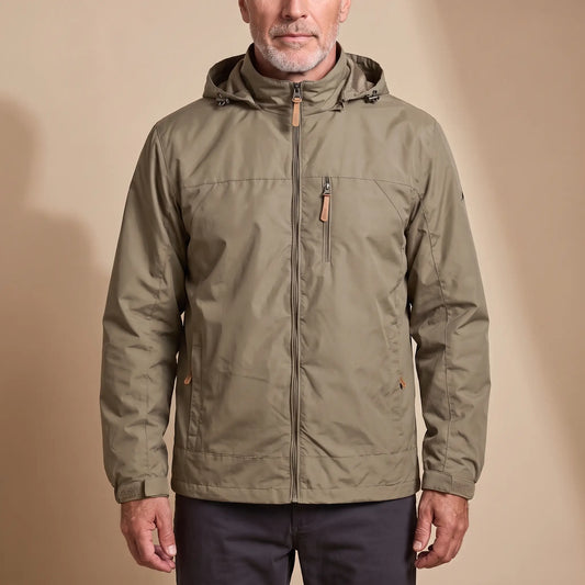 All Weather Jacket khaki hooded windbreaker worn