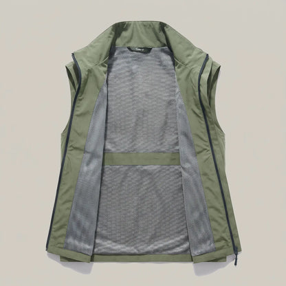 MESH LINED VEST Army Green laid flat showing the grey open mesh lining