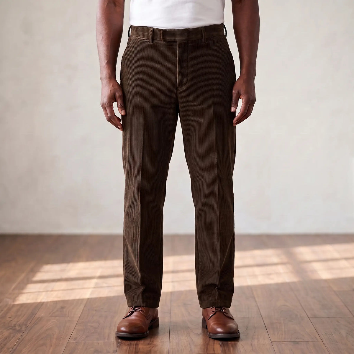 Brown wide wale corduroy straight leg trousers worn with a white tee and brown derby shoes